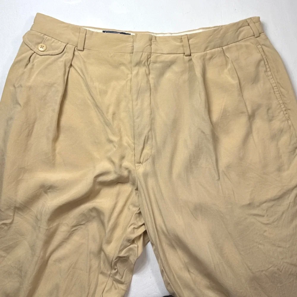Polo Ralph Lauren Silk Pleated Wide Leg Chino‎ Pants Mens 34x25 Khaki BOHO USA